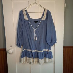 H&M Blue Chambray Lace Tie 3/4 Sleeve Tie Front Blouse sz4